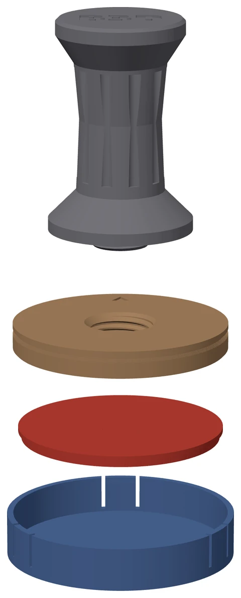 The four parts of a stamp, pulled apart. At the top, the handle: a grey grip with ridges down its sides. Below it, the round head, with a threaded hole in its back. Next, the face pad: a thin red disc, its raised picture facing down. At the bottom, the cover: a shallow blue dish with slots cut in its wall.