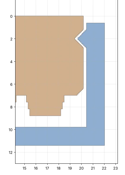A slice through the edge of an assembled stamp. The tan head sits above the blue cover. A small hook on the cover's wall fits into a V-shaped groove round the head, with a thin gap all round it.